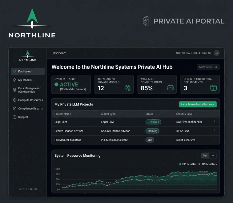Northline Systems private AI web portal — the team interface for on-premise AI automation, document processing, and hybrid routing